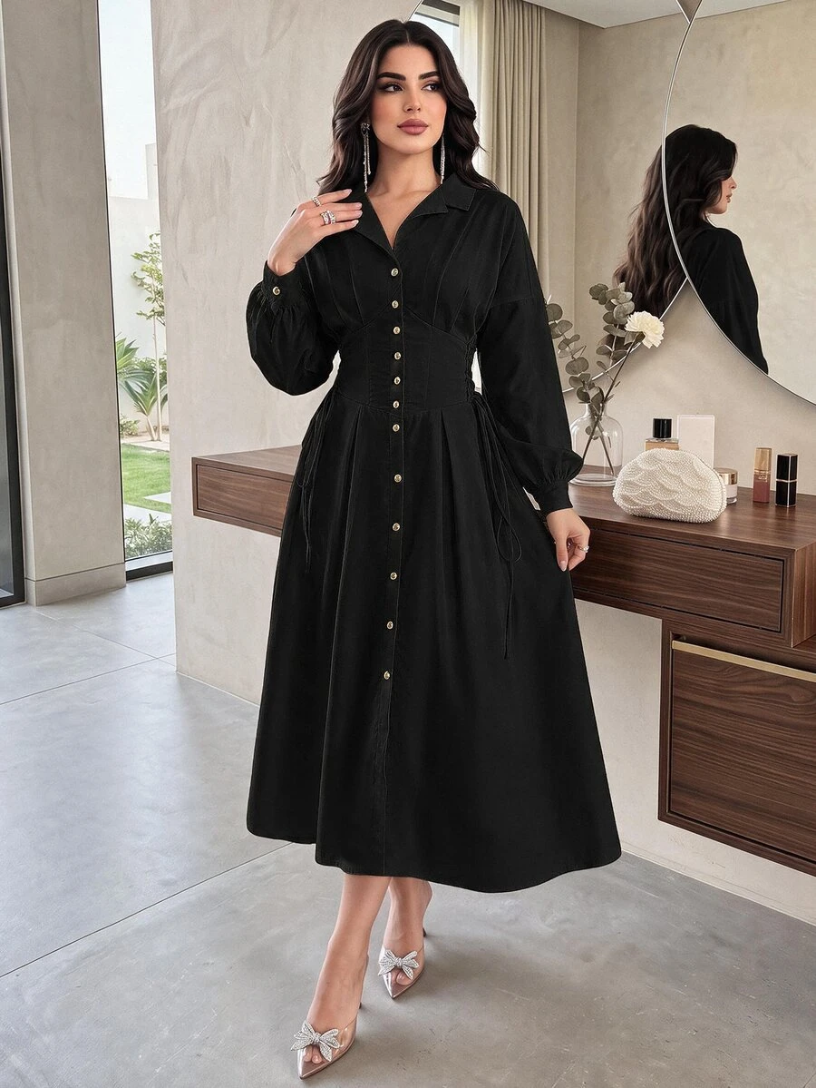 Modelyn 女式前扣纯色优雅长袖连衣裙长款晚礼服 - 黑色 - 查看 1