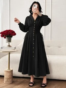 Modelyn 女式前扣纯色优雅长袖连衣裙长款晚礼服 - 黑色 - 查看 5