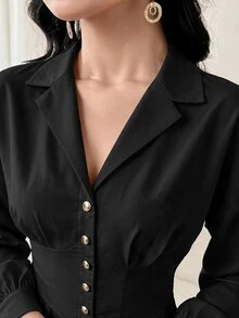 Modelyn 女式前扣纯色优雅长袖连衣裙长款晚礼服 - 黑色 - 查看 4