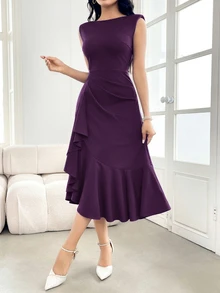 Feyla Women's Solid Color Round Neck Ruffle Hem Elegant Purple Dress - Purple - View 7