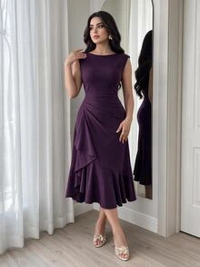 Feyla Women's Solid Color Round Neck Ruffle Hem Elegant Purple Dress - Purple - View 2