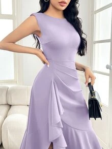 Modelyn 女款優雅抓皺腰線無袖純色洋裝，適合辦公室、雞尾酒會、早午餐與通勤，夏季淺紫色 - 淡紫色 - 查看 4