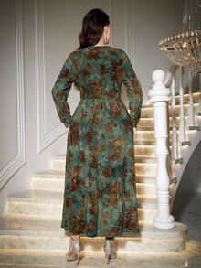 Reflora 大尺碼女款提花V領長袖優雅正式洋裝，深綠色，適合聖誕正式晚宴、秋季 - 墨綠色 - 查看 3