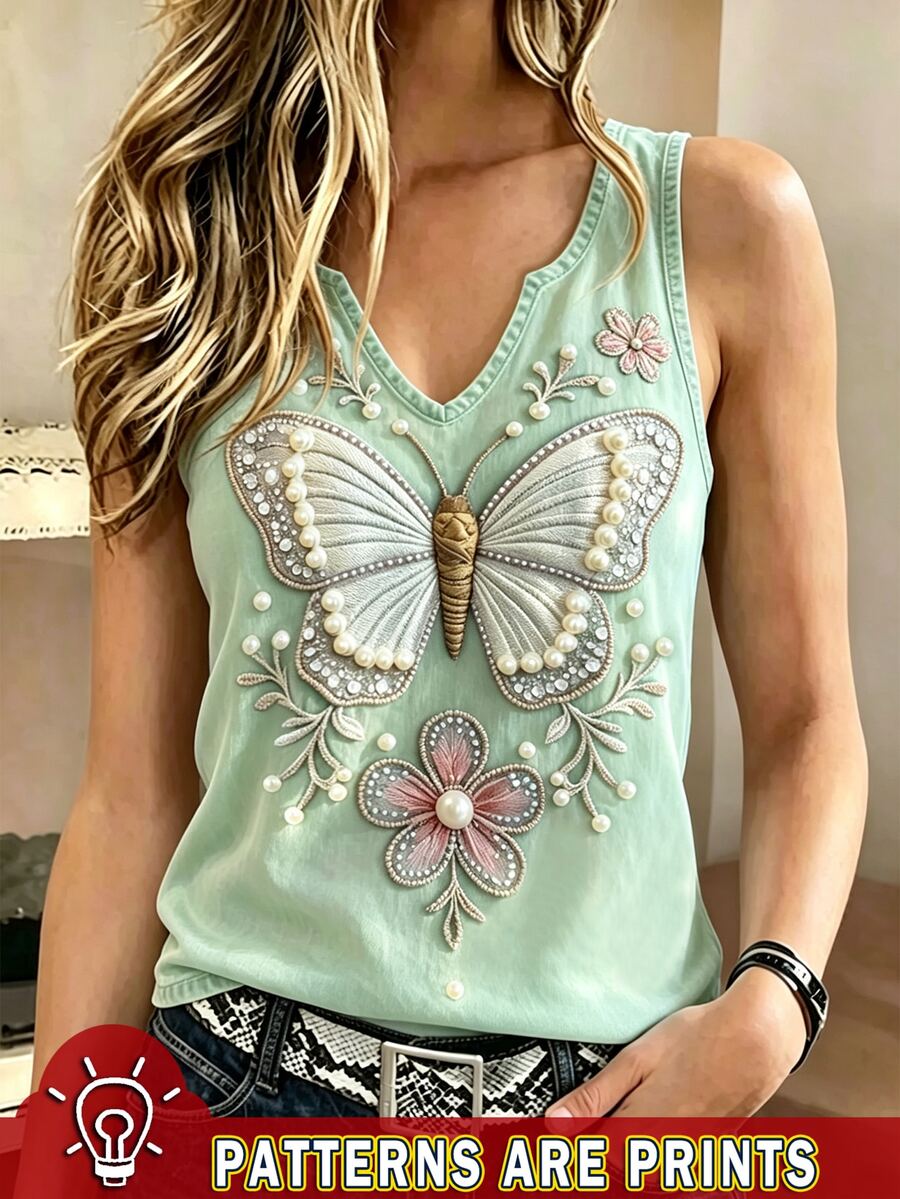 SHEIN Franclia 女款蝴蝶圖案休閒百搭日常穿著上衣 - 綠色 - 查看 1
