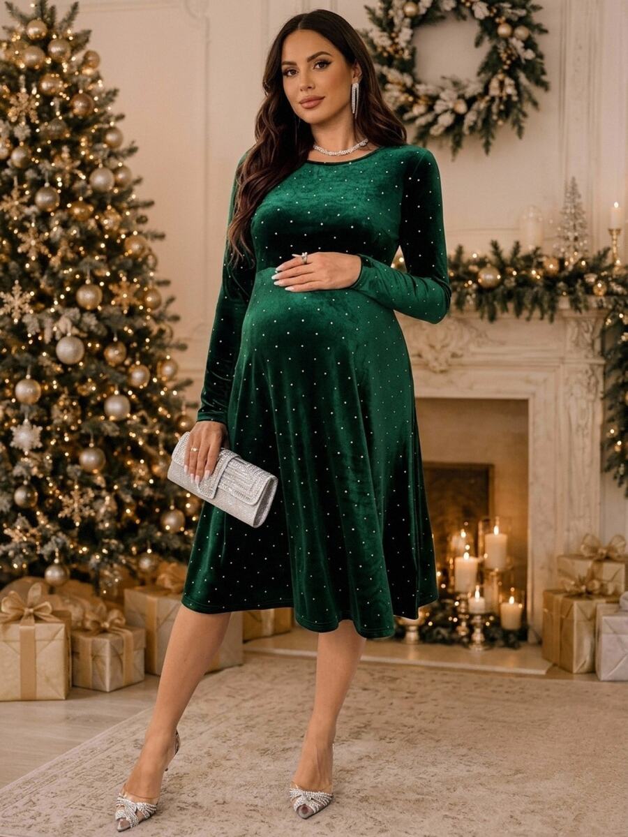 SHEIN Maternity Rhinestone Embellished Casual Party & Travel Dress Fall Christmas Maternity Wear - Green - View 1