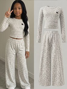 SHEIN Tween Girls Autumn/Winter 2-Piece Kids Casual Street Fashion Leopard Print Crew Neck Long Sleeve Top And Leg Pants Set, Suitable For Daily Street Wear - Light Grey - View 1