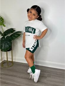Young Girl Solid Knit Short Sleeve Crew Neck Top And Knit Shorts Set, Sporty Street Style, Spring/Summer Holiday Outfits - Green - View 2