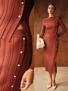 MOTF PREMIUM WOMEN'S SOLID COLOR LONG SLEEVE KNIT TOP AND SKIRT SET - Burgundy - View 1