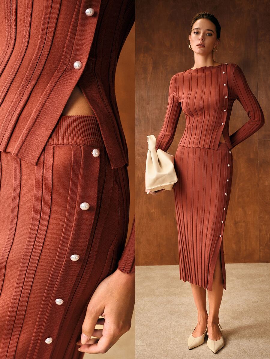 MOTF PREMIUM WOMEN'S SOLID COLOR LONG SLEEVE KNIT TOP AND SKIRT SET - Burgundy - View 1