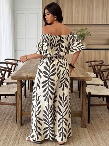 Weeklong Plus Size Women's Casual Off-Shoulder Leaf Print Butterfly Ruffle Sleeve Jumpsuit, Spring/Summer - Multicolor - View 2