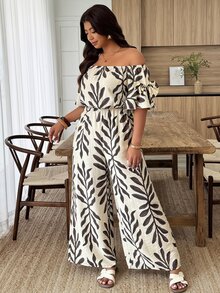 Weeklong Plus Size Women's Casual Off-Shoulder Leaf Print Butterfly Ruffle Sleeve Jumpsuit, Spring/Summer - Multicolor - View 5