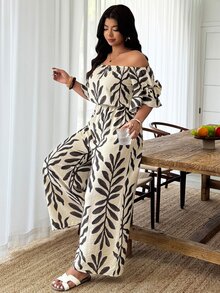 Weeklong Plus Size Women's Casual Off-Shoulder Leaf Print Butterfly Ruffle Sleeve Jumpsuit, Spring/Summer - Multicolor - View 3
