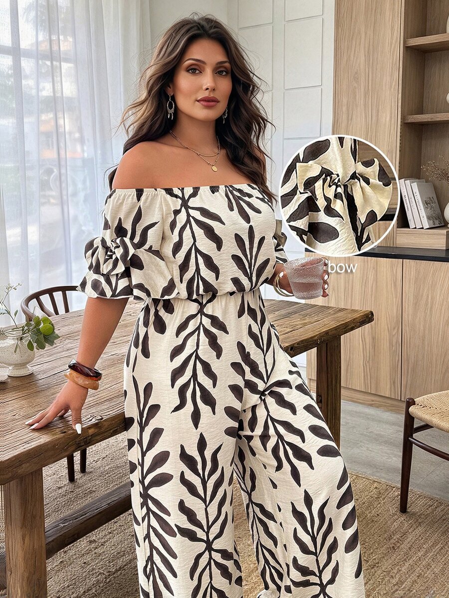Weeklong Plus Size Women's Casual Off-Shoulder Leaf Print Butterfly Ruffle Sleeve Jumpsuit, Spring/Summer - Multicolor - View 1