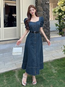 DAZY Vestido de mujer de mezclilla con cuello cuadrado, mangas abullonadas y botones lavados - Azul lavado medio - Ver 2