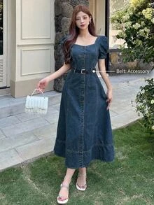 DAZY Vestido de mujer de mezclilla con cuello cuadrado, mangas abullonadas y botones lavados - Azul lavado medio - Ver 1