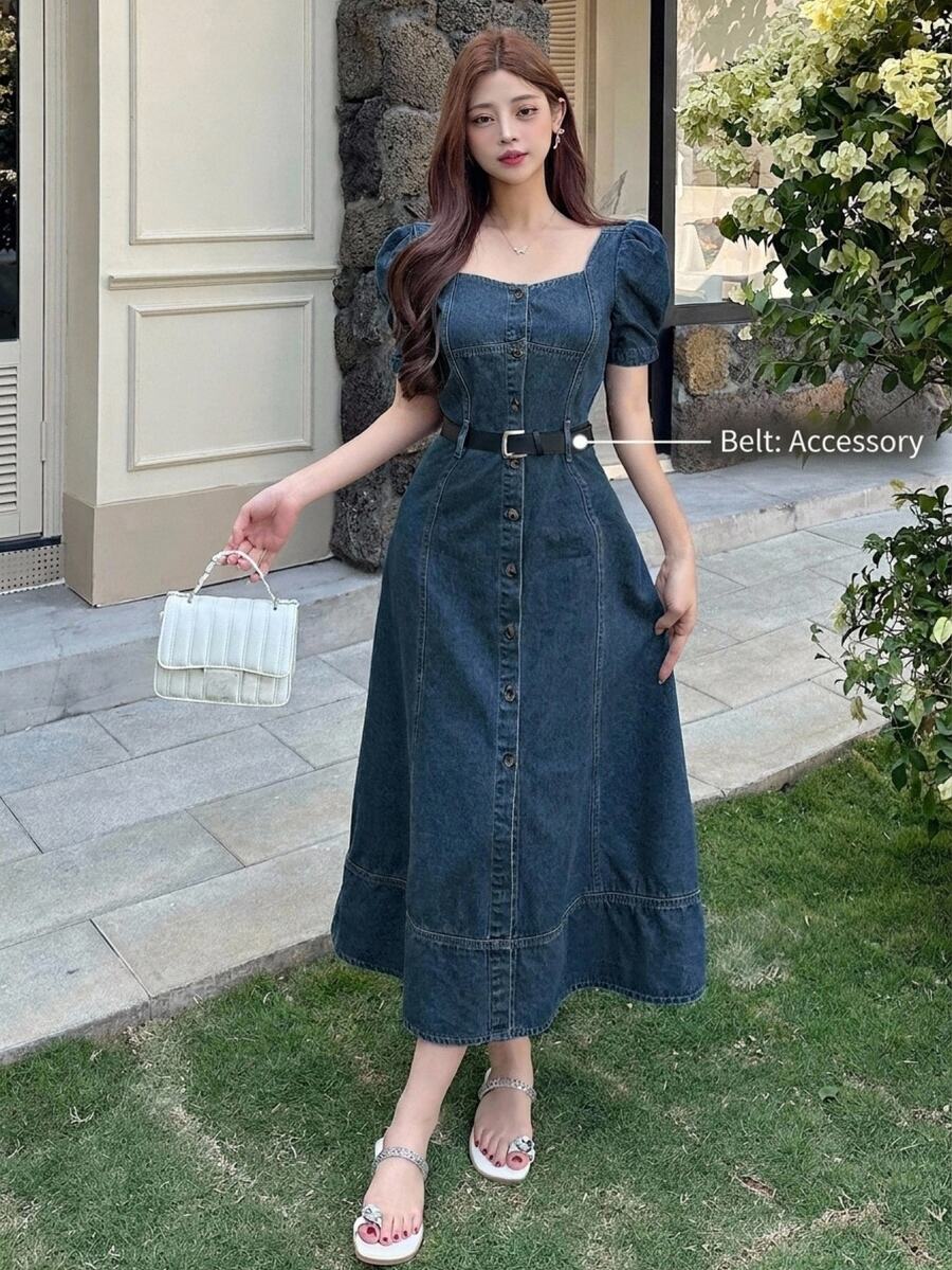 DAZY Vestido de mujer de mezclilla con cuello cuadrado, mangas abullonadas y botones lavados - Azul lavado medio - Ver 1