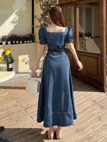 DAZY Vestido de mujer de mezclilla con cuello cuadrado, mangas abullonadas y botones lavados - Azul lavado medio - Ver 9