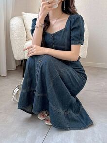 DAZY Vestido de mujer de mezclilla con cuello cuadrado, mangas abullonadas y botones lavados - Azul lavado medio - Ver 12