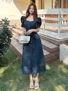 DAZY Vestido de mujer de mezclilla con cuello cuadrado, mangas abullonadas y botones lavados - Azul lavado medio - Ver 4