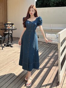 DAZY Vestido de mujer de mezclilla con cuello cuadrado, mangas abullonadas y botones lavados - Azul lavado medio - Ver 3
