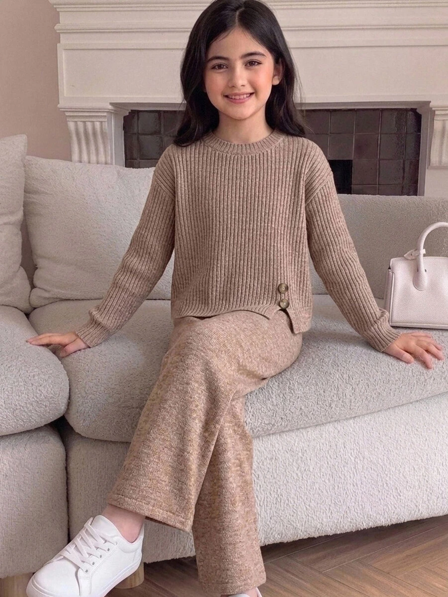 SHEIN Tween Girl Knit Solid Color Crew Neck Loose Casual Sweater And Long Pants 2 Pieces Set - Multicolor - View 1