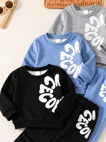 SHEIN 6件組嬰幼兒男童秋冬加厚保暖圓領套頭運動衫與慢跑長褲套裝，聖誕字母圖案運動服套裝 - 彩色 - 查看 4