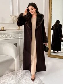 Al Najma Abaya Arab Modis Wanita dengan Motif Patchwork Bulu Imitasi yang Elegan - Coffee Brown - View 5