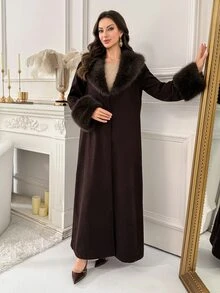 Al Najma Abaya Arab Modis Wanita dengan Motif Patchwork Bulu Imitasi yang Elegan - Coffee Brown - View 4