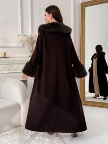 Al Najma Abaya Arab Modis Wanita dengan Motif Patchwork Bulu Imitasi yang Elegan - Coffee Brown - View 2
