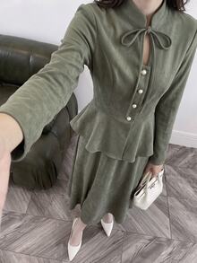 Solavon Women's Solid Color Long Sleeve Top And Skirt Casual Two Pieces Set - Army Green - View 5