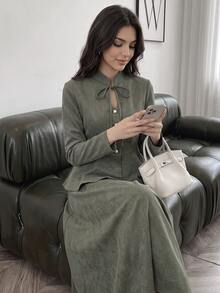 Solavon Women's Solid Color Long Sleeve Top And Skirt Casual Two Pieces Set - Army Green - View 6