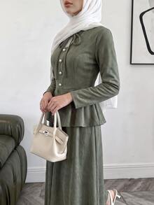 Solavon Women's Solid Color Long Sleeve Top And Skirt Casual Two Pieces Set - Army Green - View 3