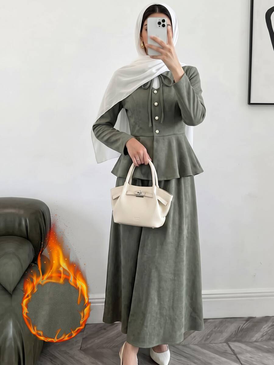 Solavon Women's Solid Color Long Sleeve Top And Skirt Casual Two Pieces Set - Army Green - View 1