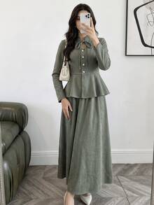 Solavon Women's Solid Color Long Sleeve Top And Skirt Casual Two Pieces Set - Army Green - View 4