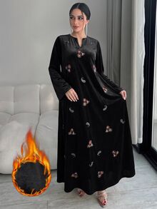 Yasmyna Women's Floral Embroidered Pattern Casual Gathering Arabian Dress - Black - View 1