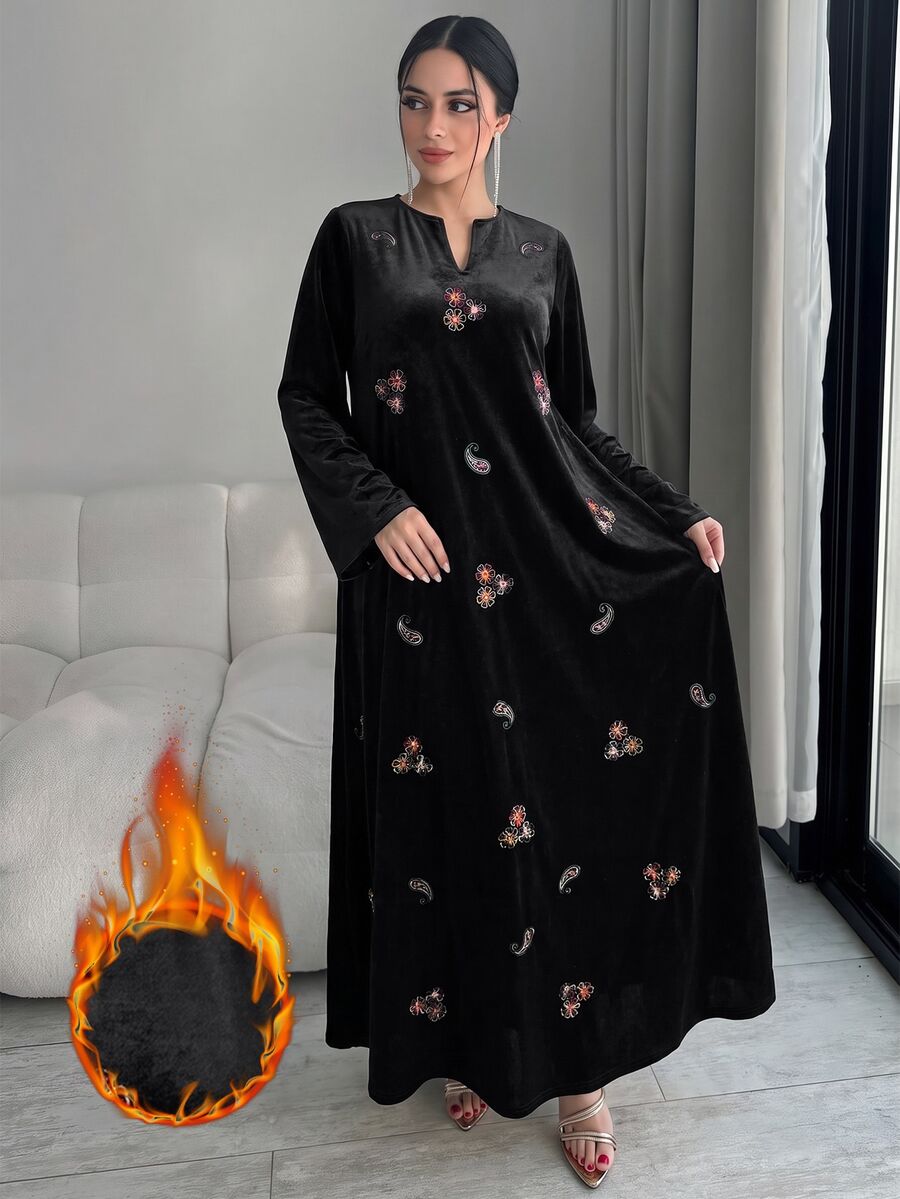 Yasmyna Women's Floral Embroidered Pattern Casual Gathering Arabian Dress - Black - View 1