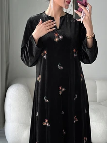 Yasmyna Women's Floral Embroidered Pattern Casual Gathering Arabian Dress - Black - View 5