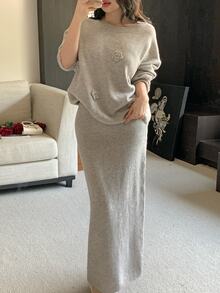 Feyla Women's 3D Floral Decor Long Sleeve Sweater And Knitted Maxi Skirt Set - Grey - View 6