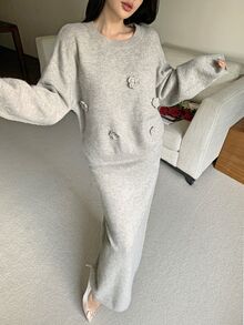 Feyla Women's 3D Floral Decor Long Sleeve Sweater And Knitted Maxi Skirt Set - Grey - View 7
