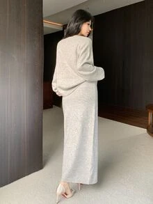 Feyla Women's 3D Floral Decor Long Sleeve Sweater And Knitted Maxi Skirt Set - Grey - View 2
