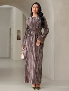 Veilorie Women's Round Neck Side Waist Knot Patchwork Furry Cuffs Elegant Arabian Dress - Brown - View 6