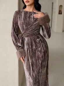 Veilorie Women's Round Neck Side Waist Knot Patchwork Furry Cuffs Elegant Arabian Dress - Brown - View 8