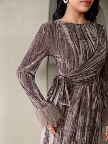 Veilorie Women's Round Neck Side Waist Knot Patchwork Furry Cuffs Elegant Arabian Dress - Brown - View 4