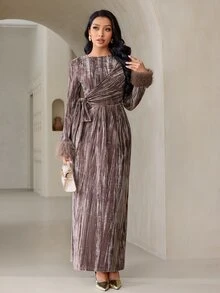 Veilorie Women's Round Neck Side Waist Knot Patchwork Furry Cuffs Elegant Arabian Dress - Brown - View 5