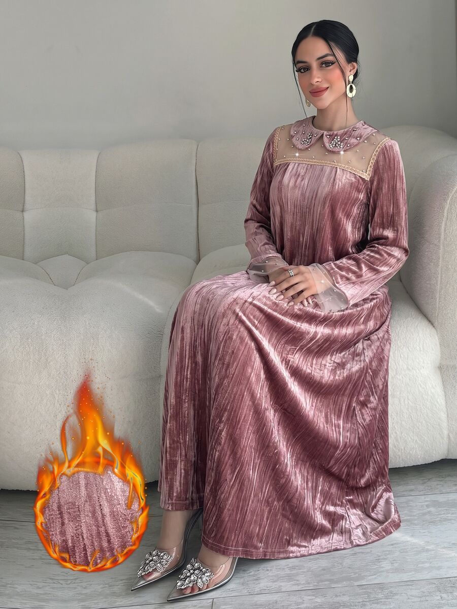 Yasmyna Women's Rhinestone Embellished Mesh Patchwork Casual Party Arabian Dress - Pink - View 1