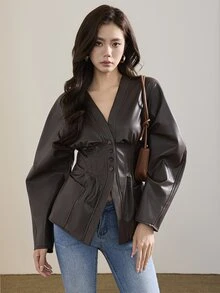 Heiryn Women's Autumn Fashion Waist-Cinching Double Pocket Jacket - Coffee Brown - View 3