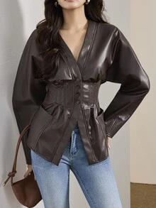 Heiryn Women's Autumn Fashion Waist-Cinching Double Pocket Jacket - Coffee Brown - View 7