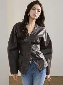 Heiryn Women's Autumn Fashion Waist-Cinching Double Pocket Jacket - Coffee Brown - View 5