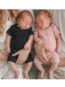 SHEIN Baby Girl Casual Knitted Solid Notch Neck Short Sleeve Romper , Suitable For Summer - Multicolor - View 1