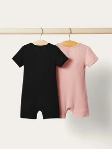 SHEIN Baby Girl Casual Knitted Solid Notch Neck Short Sleeve Romper , Suitable For Summer - Multicolor - View 3